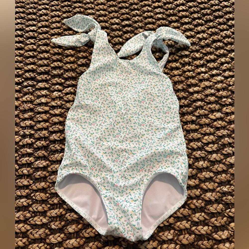 Girls One-Piece Floral Tie-Shoulder Swimsuit - Mint & White